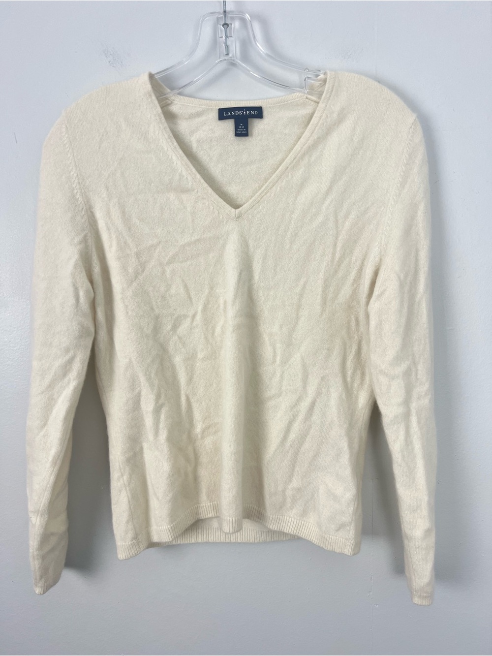 Lands' End 100% Cashmere Cream V-Neck Sweater